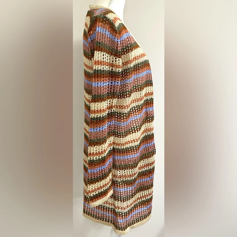 Rue 21 Womens L Brown Tan Stripe Crochet Long Cardigan Sweater Boho Eclectic Y2K - Picture 6 of 10